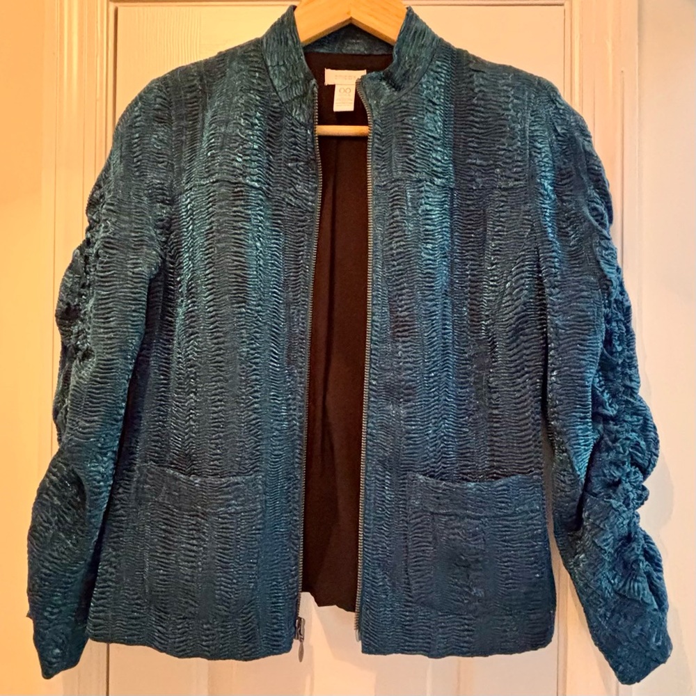 Chico's Blue Textured Plisse 3/4 Length Sleeve Jacket, Chico’s Size 00 (XS/2)